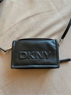 DKNY Black Embossed Leather Crossbody Wallet with Detachable Strap